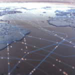 Representation of the world map with continents drawn in blue. Blue and yellow thin lines drawn all over the map and passing through each continent