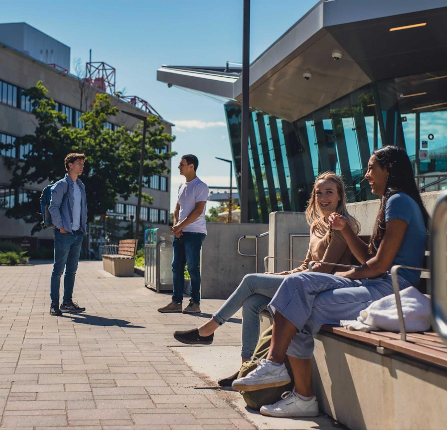 people sitting and standing on campus in the sun