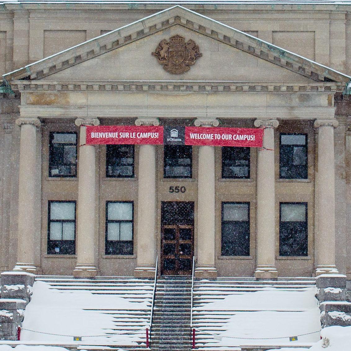 Main entrance to Tabaret Hall in winter.