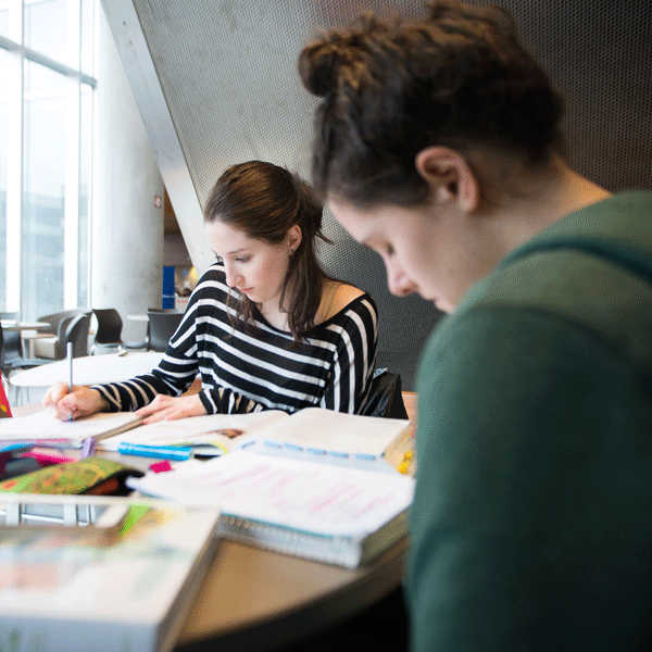 Two students at a table studying.