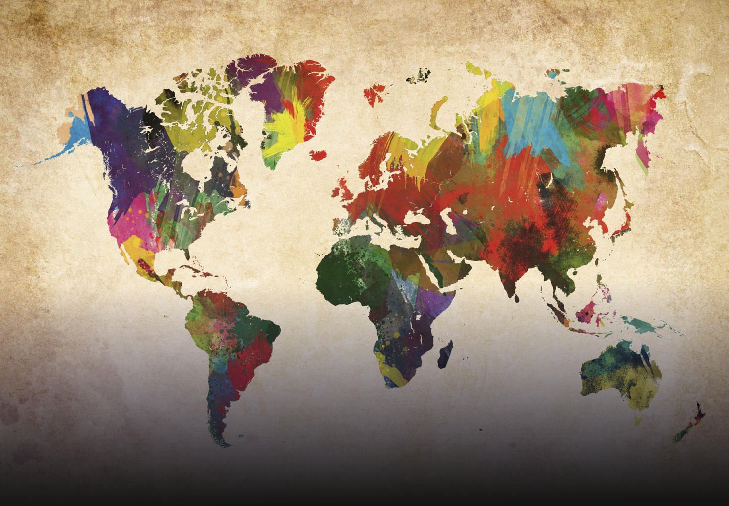 An illustration of the planet with all continents covered in colourful paint and patterns