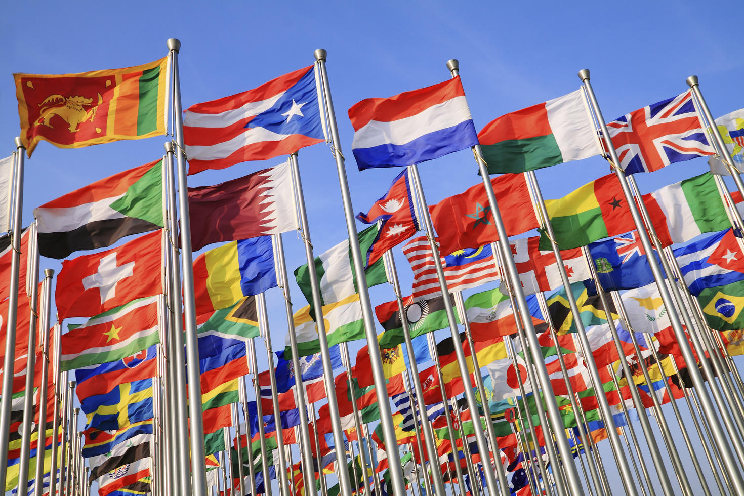 national flags from around the world on flag poles blowing in the wind 