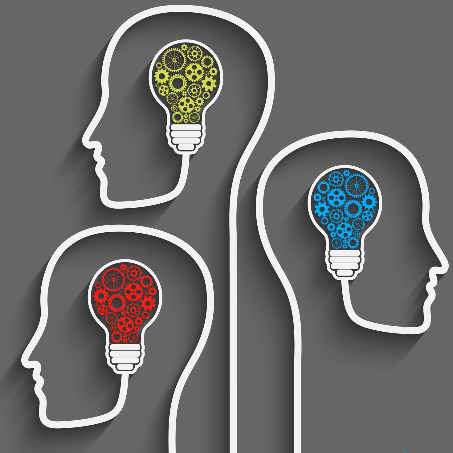 Lightbulbs filled with gears as brains