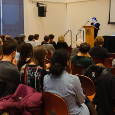 Audience listening to Alanis Obomsawin during the Shirley Greenberg conference