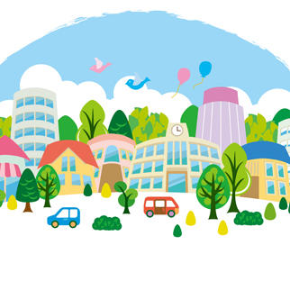 Drawing of a small town (houses, buildings, trees, cars) 