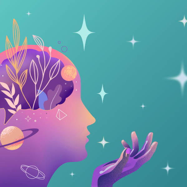 open mind with growth on background of stars and planets