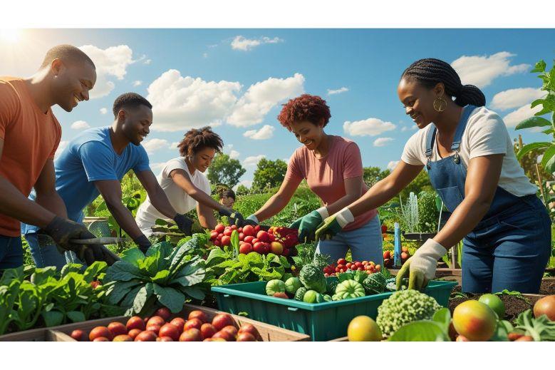 people surrounding the food in a garden