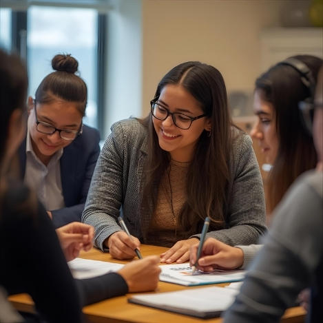 students smiling learning together at a table pens in hand