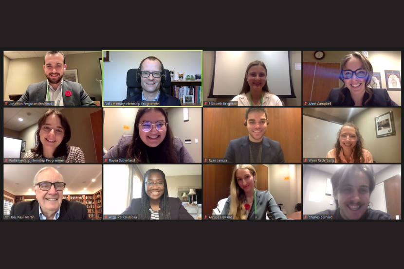 Screen capture of a group of Interns in a virtual meeting with Paul Martin, former Prime Minister of Canada.