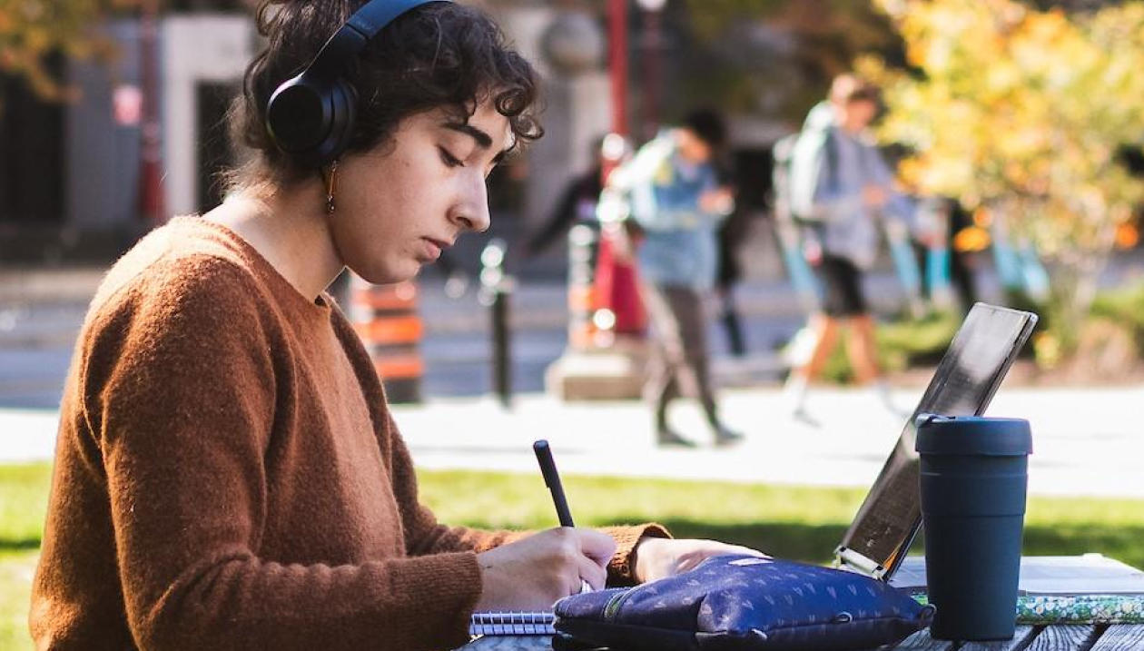 A student working outside