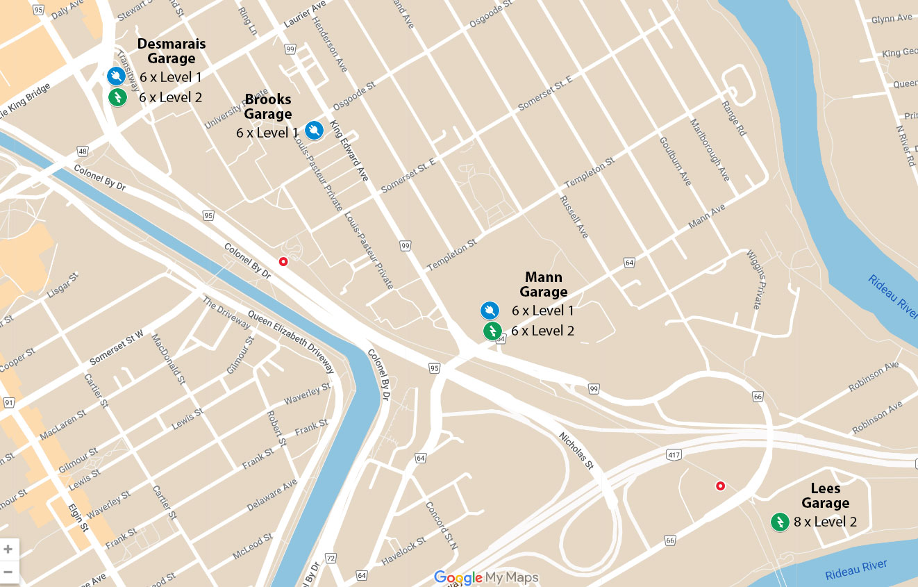 map of EV charging locations at uOttawa