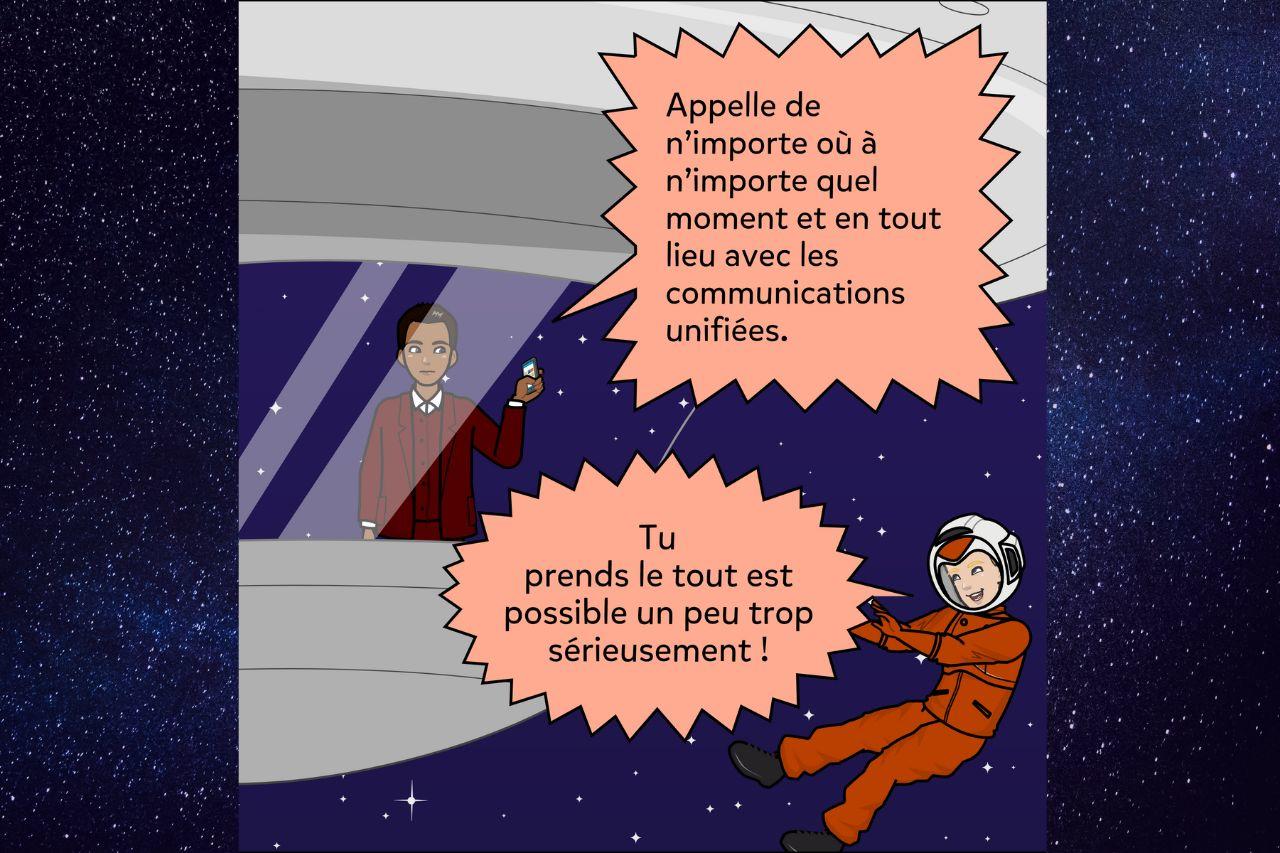 2 personnages de BD dans l'espace discutant des communications unifiées