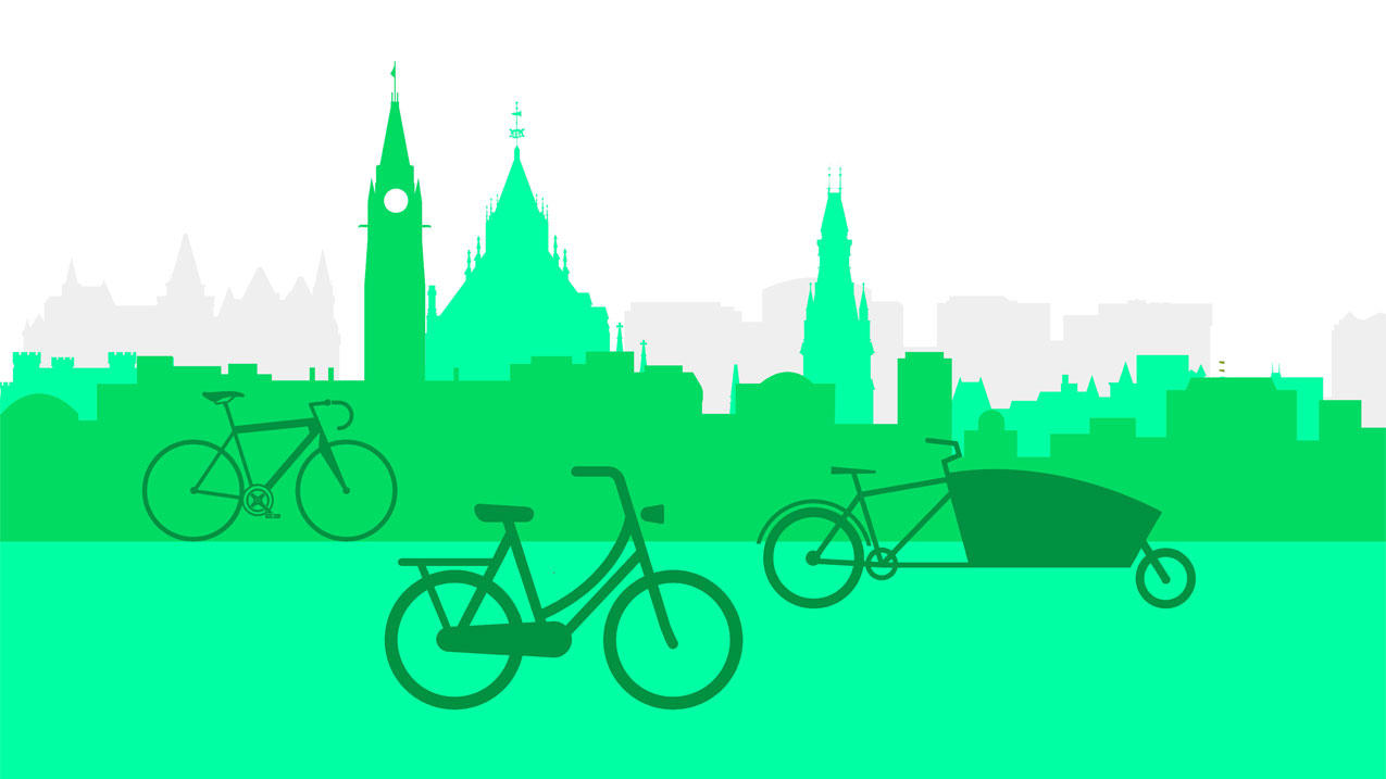 illustration of three types of bikes with the parliament and other buildings in the background. Bikes and buildings are green.