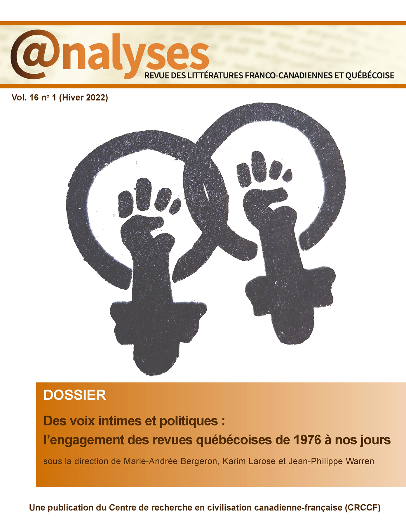 Page couverture du volume 16, numéro 1 de la revue Analyses avec un logo de couleur noire représentant deux poings levés dans les symboles scientifiques du genre féminin.