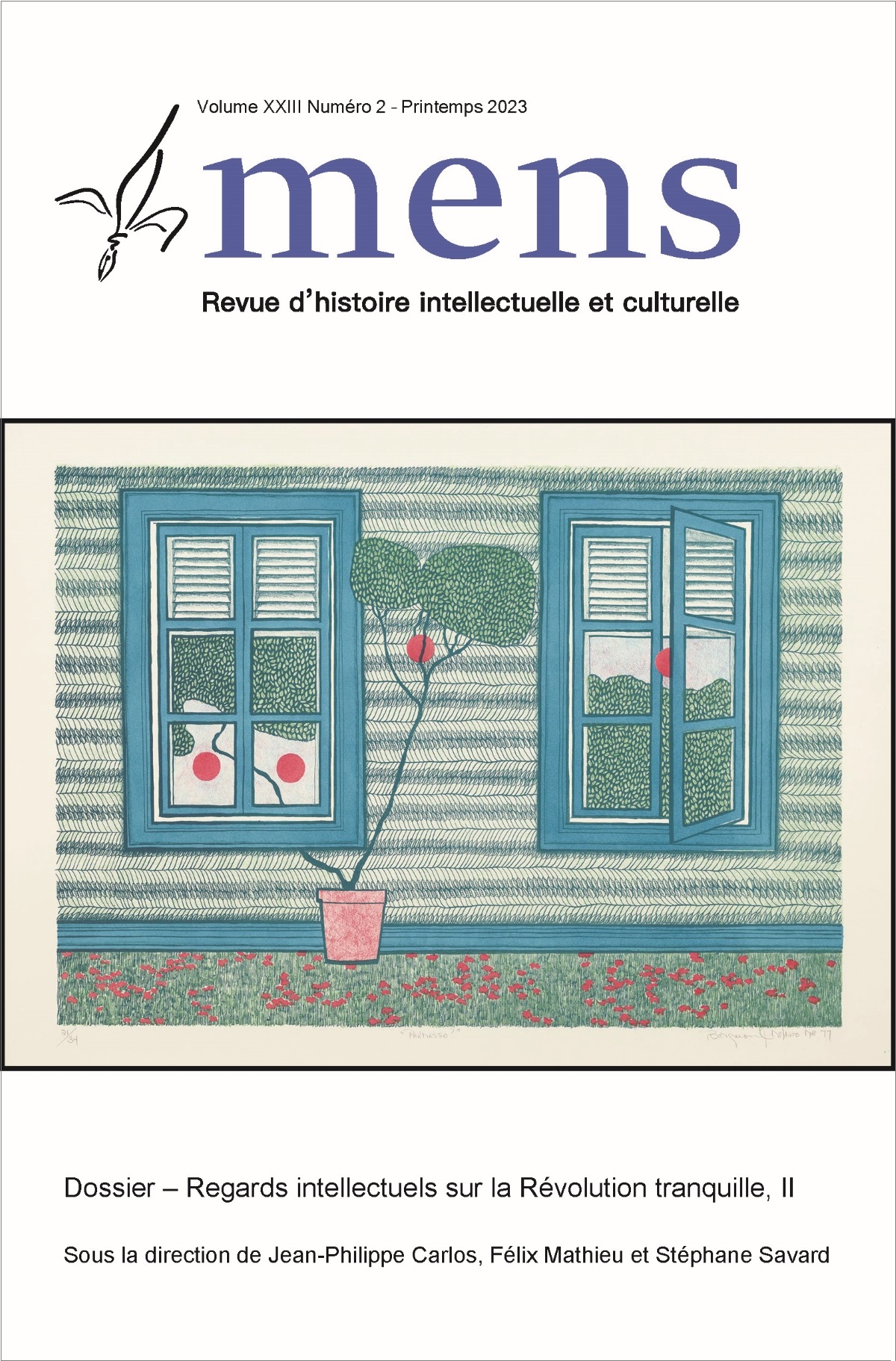 Couverture du Volume XXIII, numéro 2 avec logo bleu et oeuvre artistique représentant un mur vert pâle avec eux fenêtres aux cadres bleus.