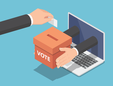représentation graphique d'une main qui dépose un bulletin de vote dans une boîte