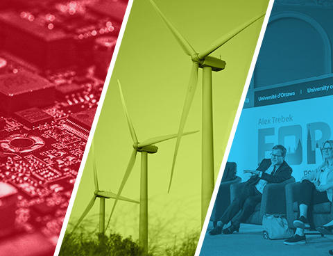 Collage stylisé de technologie, d'éoliennes et d'un forum. 