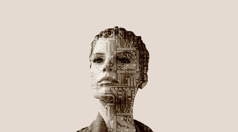 Femme avec une superposition de puce informatique sur son visage.