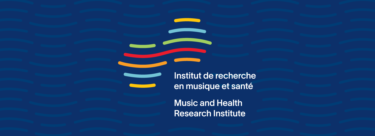 Fond bleu avec le logo et le texte de l'Institut de recherche sur la musique et la santé