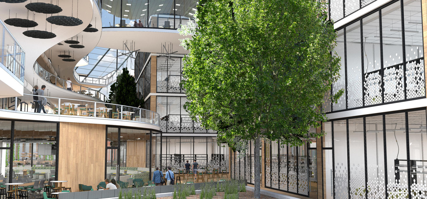 Rendu de l'atrium du Centre de recherche médicale de pointe