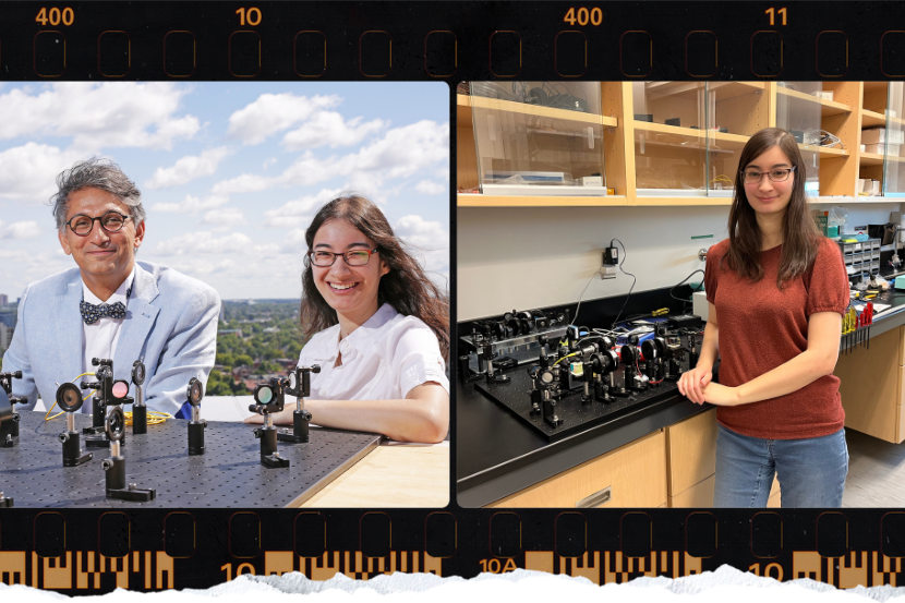Alicia Sit et son superviseur, le professeur Ebrahim Karimi, devant un poste de travail sur la photonique.