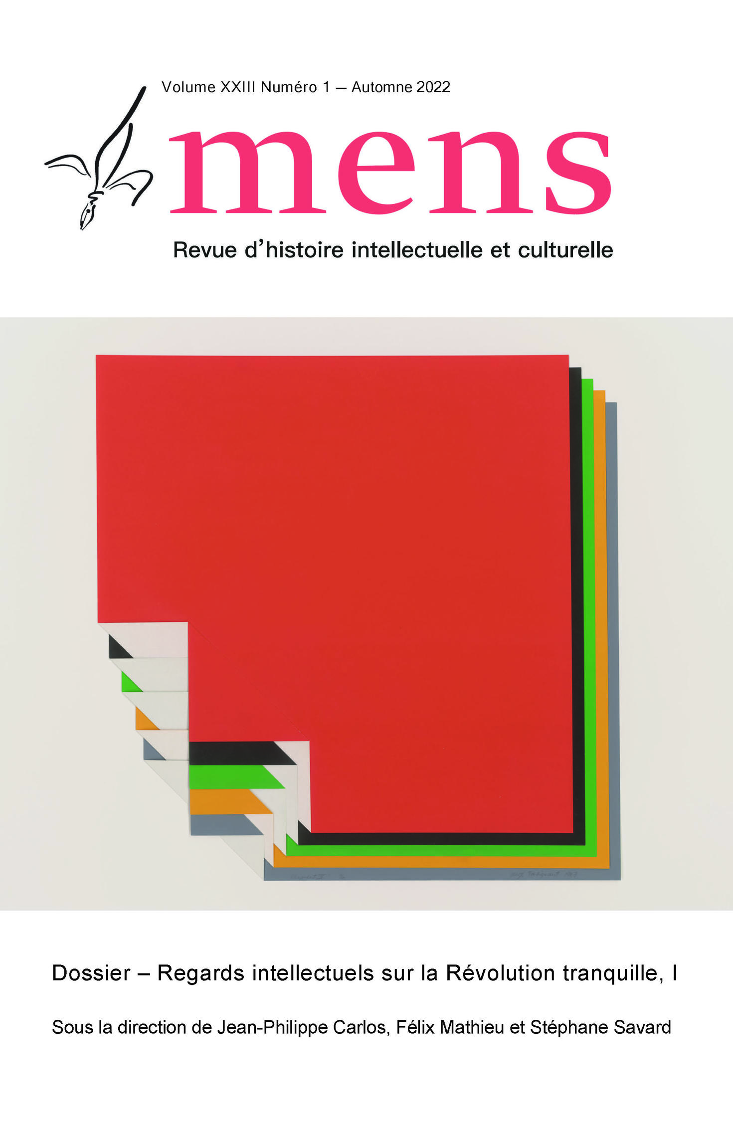Couverture de la revue Mens (Vol. XXIII, no 1) avec la version rouge du logo et une oeuvre artistique représentant une superposition de rectangles colorés