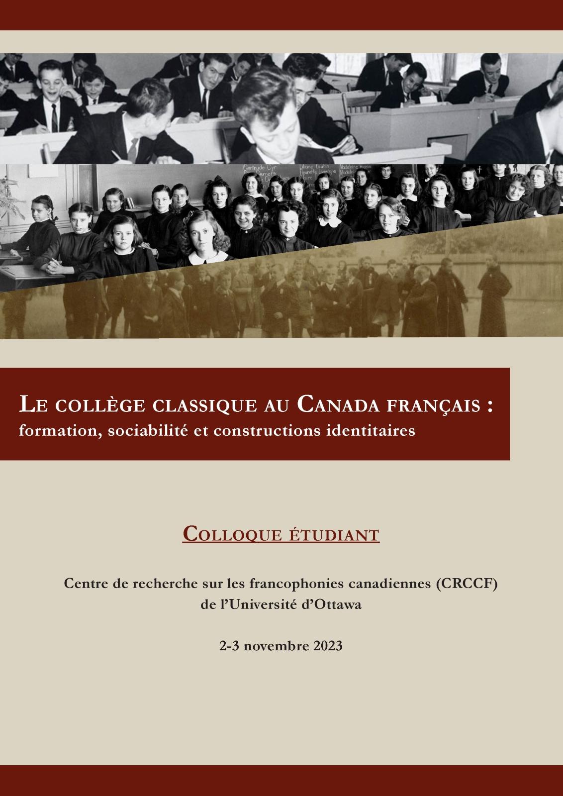 Affiche du colloque étudiant 2023 du CRCCF, dans les tons de bourgogne et de beige avec photos d'Archives dans le haut.
