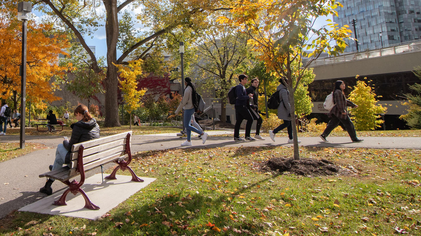 Des étudiants qui marchent sur le campus.
