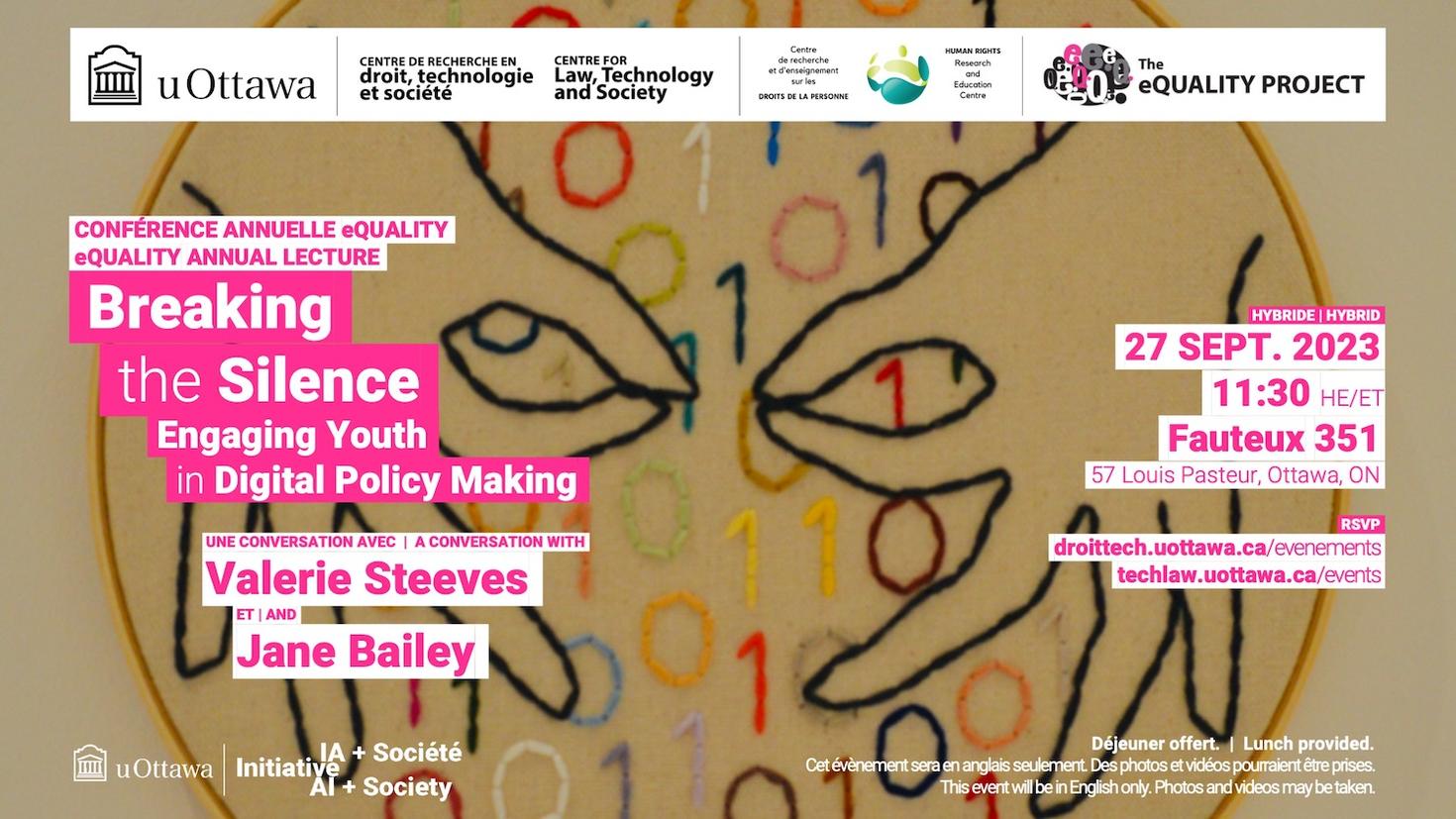 Affiche pour la présentation Breaking the Silence - Engaging youth in digital policymaking (Rompre le silence - Faire participer les jeunes à l'élaboration de la politique numérique)