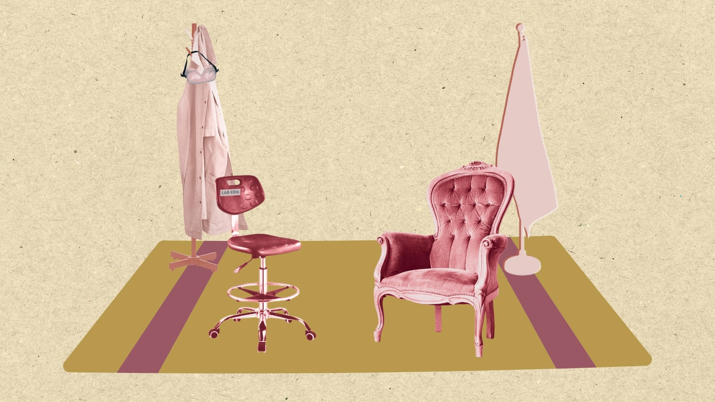 Chaises sur une scène avec un drapeau et une blouse de laboratoire en arrière-plan.