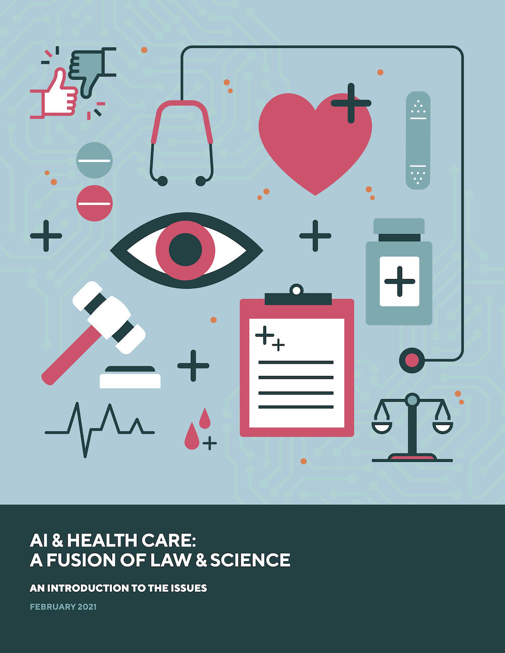 icônes de cœur, stéthoscope, œil, balance de justice, dossier médical sur un fond abstrait