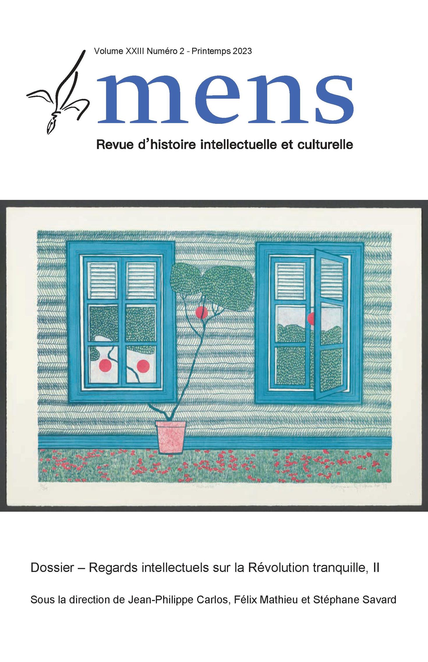 Couverture de la revue Mens (vol. 23, no 2), avec logo bleu et oeuvre artistique représentant un mur avec deux fenêtres aux cadres bleus.