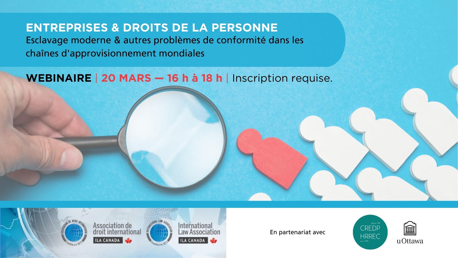 Main tenant une loupe au-dessus d'un groupe de personnes.