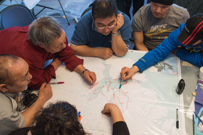 Collaborateurs de Jackie Dawson regardant une carte et les routes maritimes.