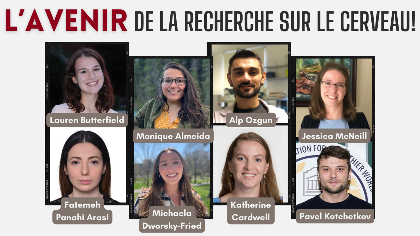 Un collage de portraits des stagiaires boursiers avec le texte « L’avenir de la recherche sur le cerveau » dans le haut.