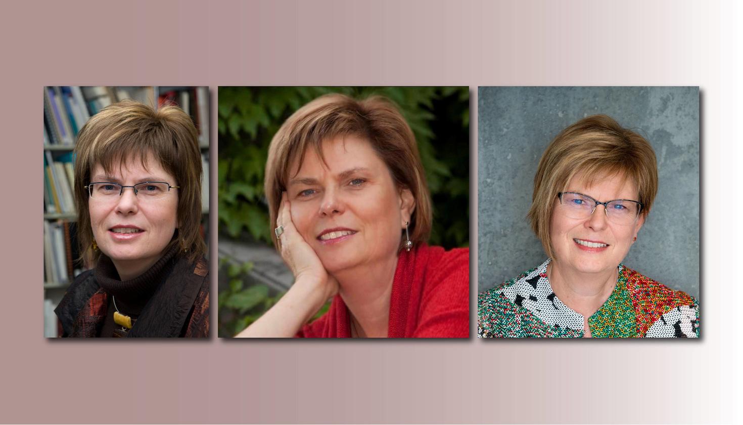 Bannière avec 3 portraits de Lucie Hotte pour son départ à la retraite