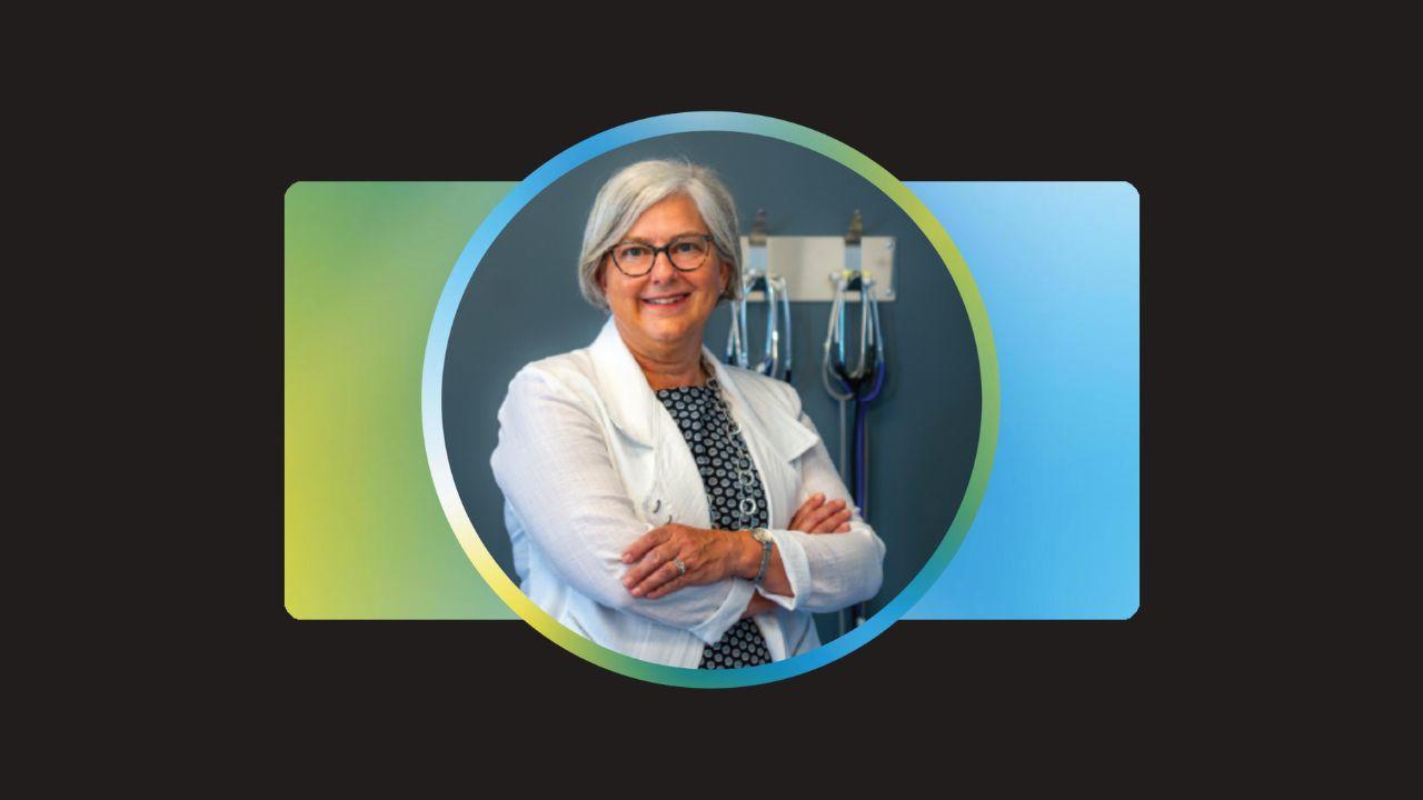 Portrait of Dawn Stacey in a circle with a green and blue gradient background