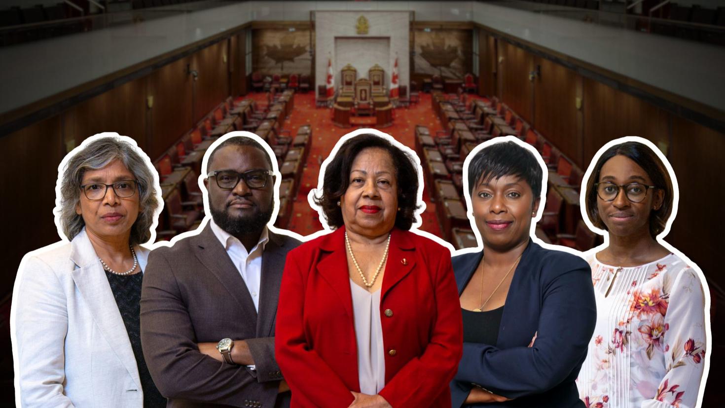 De gauche à droite : Smita Pakhalé, Jude Mary Cénat, l'honorable Marie-Françoise Mégie, sénatrice, Biba Tinga et Ewurabena Simpson.