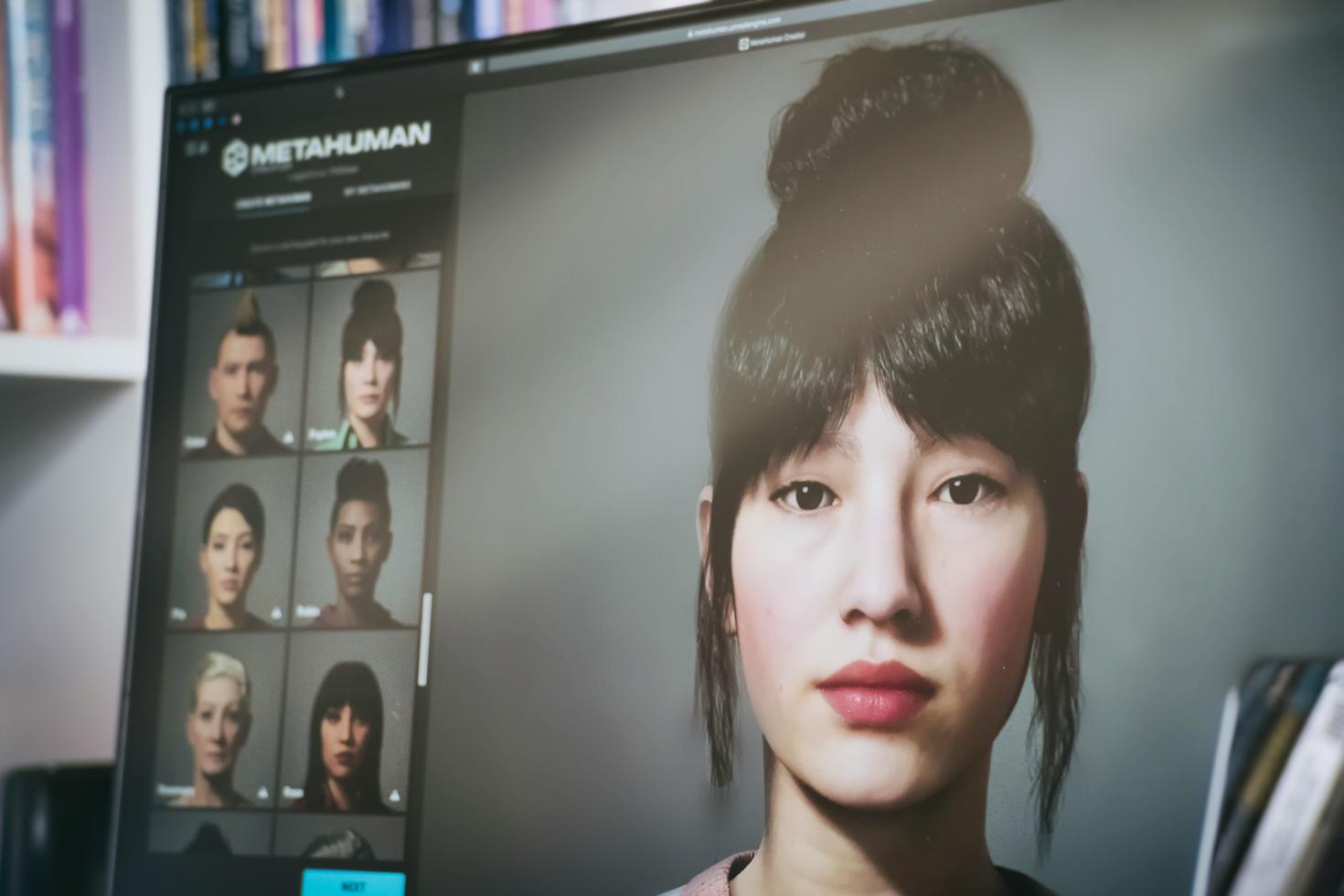 Écran d'ordinateur affichant le visage d'une femme généré par une intelligence artificielle