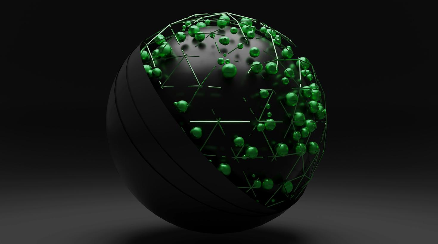 sphère noire avec des nœuds verts et des lignes interconnectées