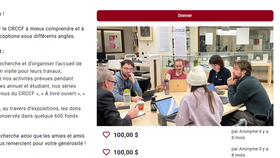Visuel de la page Zeffy de la campagne Mardi je donne du CRCCF, avec la photo d'un groupe d'étudiants assis (en haut, à droite).