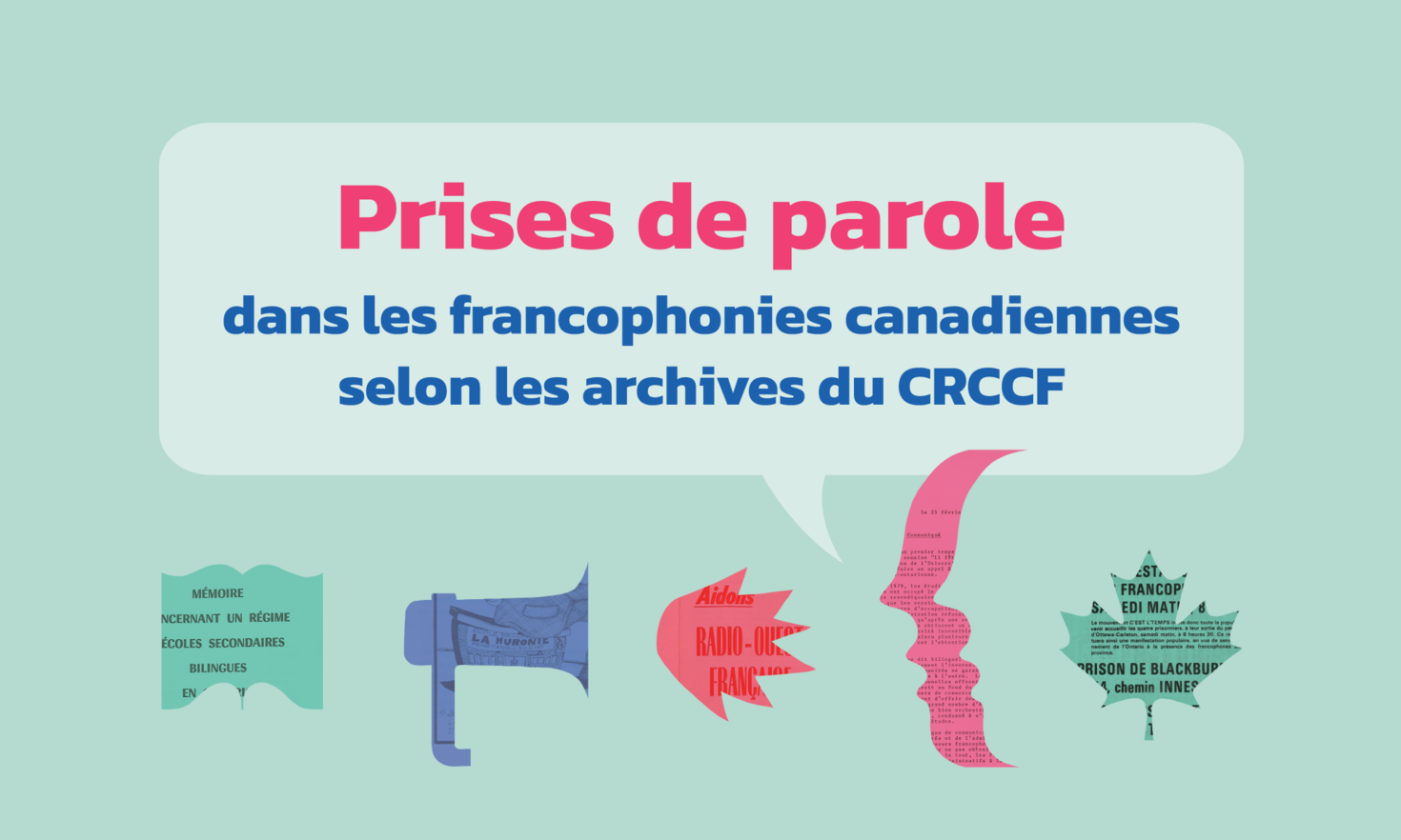 Visuel de l'exposition du CRCCF, sur fond vert pâle avec titre en magenta, sous-titre en bleu et 4 icônes de couleur (au bas).