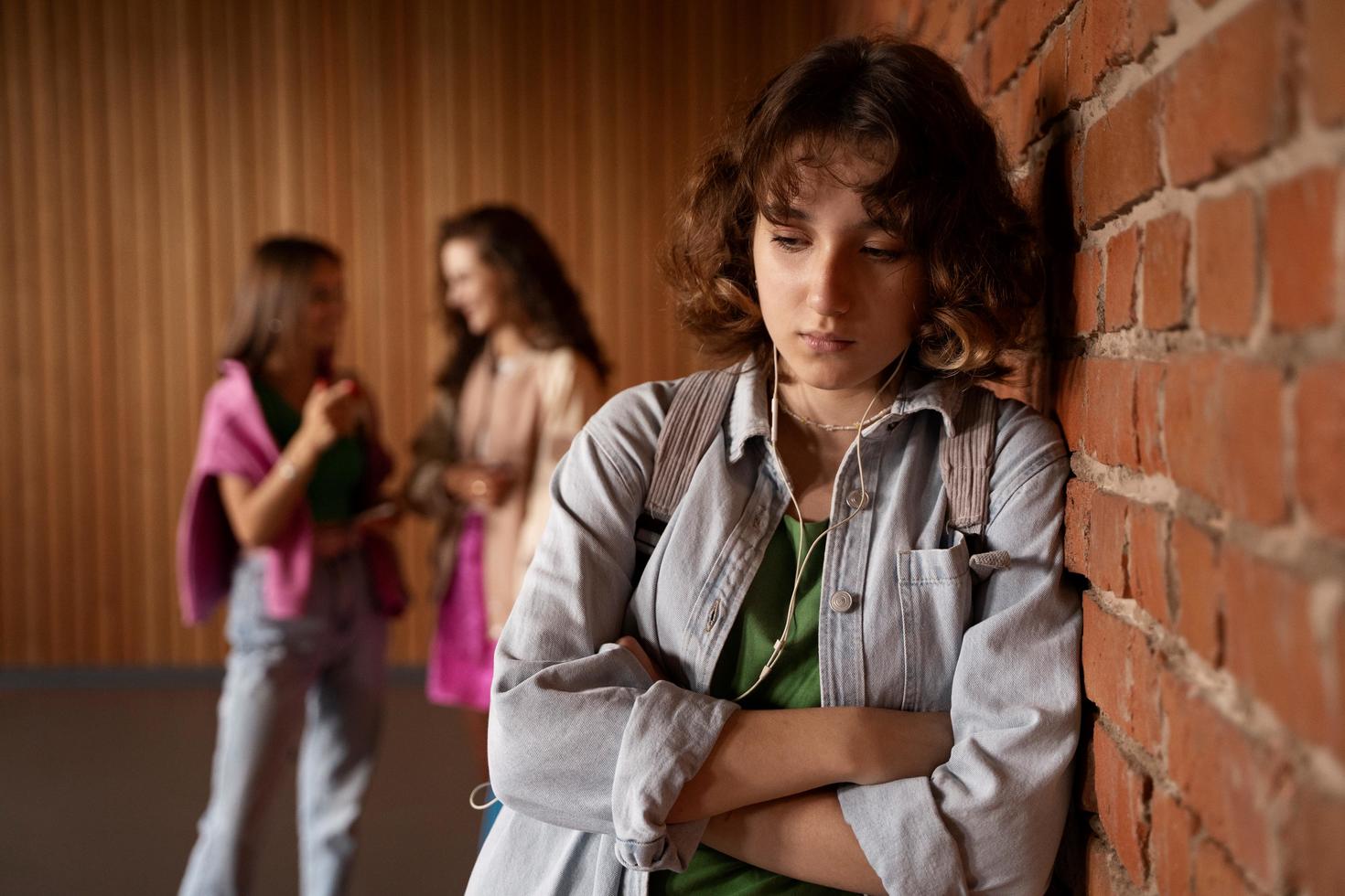 Adolescente solitaire avec des amies en arrière-plan