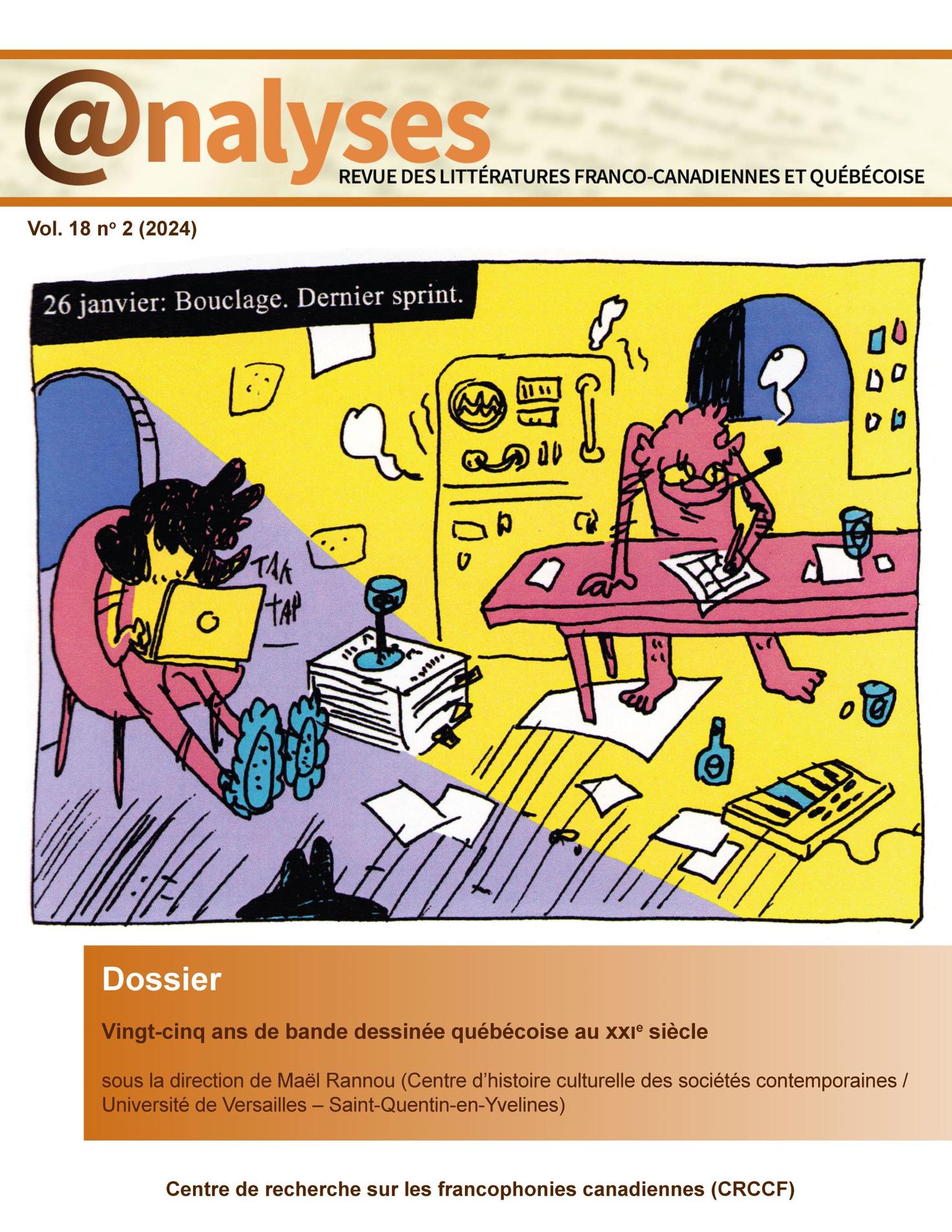 Page couverture du vol. 18 no 2 de la revue @nalyses, en tons d'orange brûlé, avec une illustration colorée d'une BD représentant 2 personnages dans une salle de rédaction.