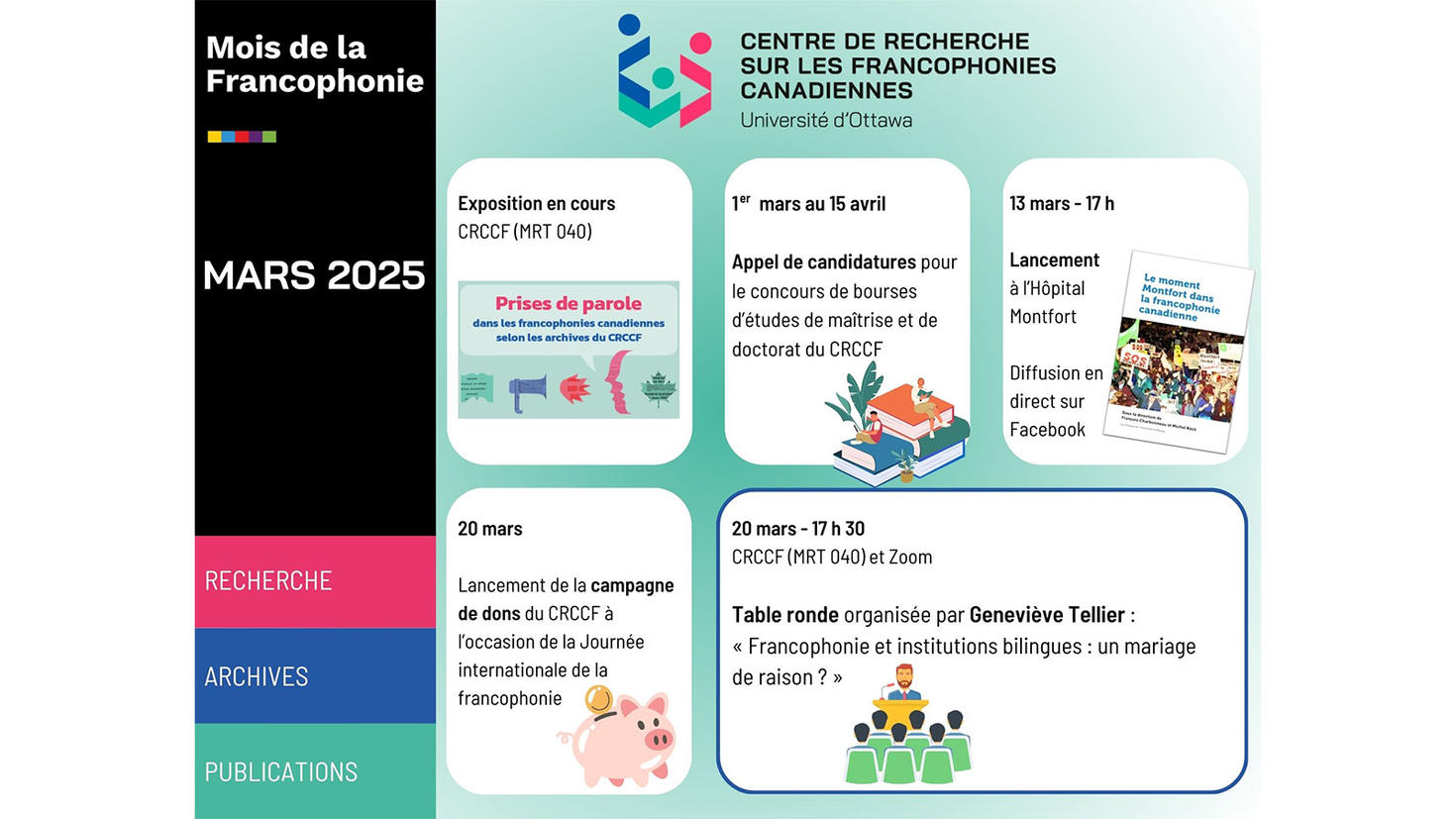 Visuel de l'affiche du Mois de la francophonie 2025 au CRCCF avec 5 cases annonçant des activités, sur fond vert pâle, et une bande verticale noire avec les 3 couleurs du logo (à gauche).