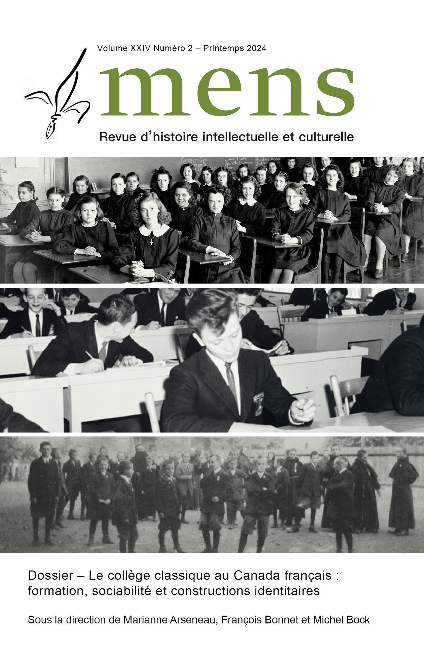 Page couverture du Vol. 24 no 2 de la revue Mens, avec un titre vert olive et un montage de trois photos d'archives en noir et blanc représentant des classes d'étudiants de collèges classiques.