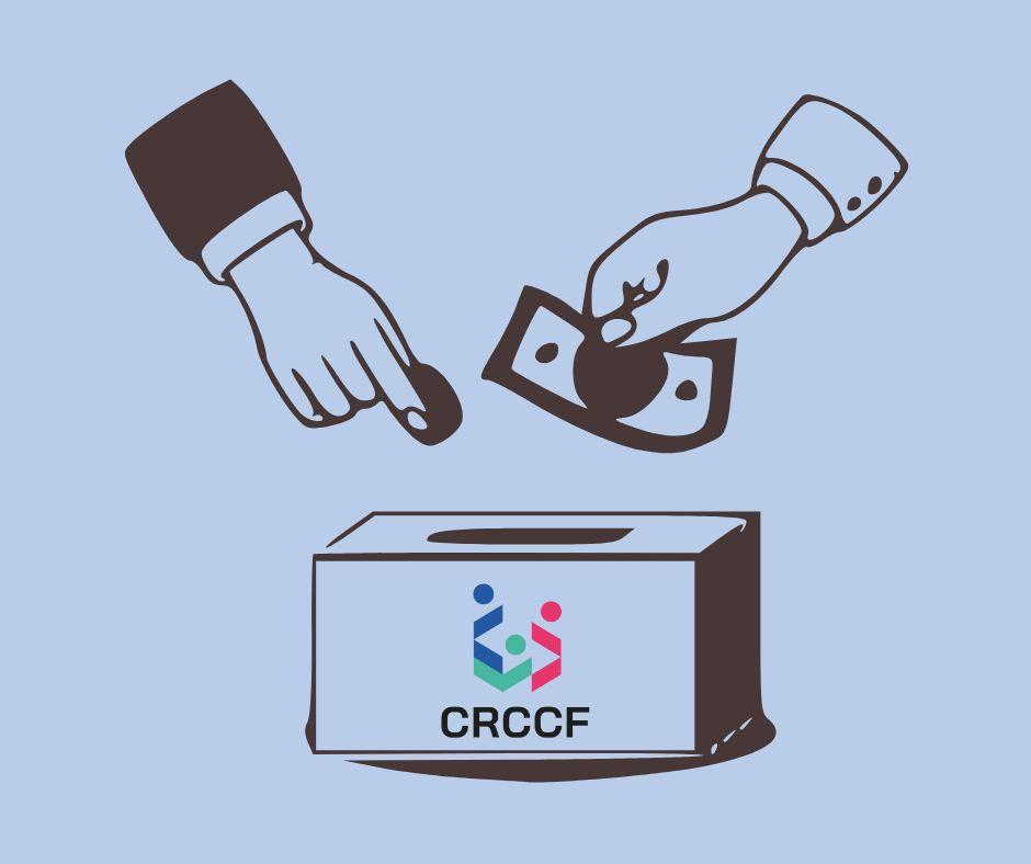 Visuel de l'annonce de la campagne de dons 2025 du CRCCF, avec des dessins de mains en noir déposant de l'argent dans une boîte avec le logo couleur du CRCCF.