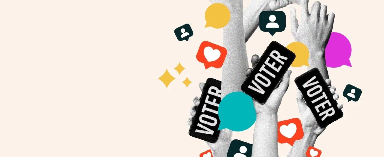 Des mains levées tenant des pancartes sur lesquelles est écrit « VOTER ».