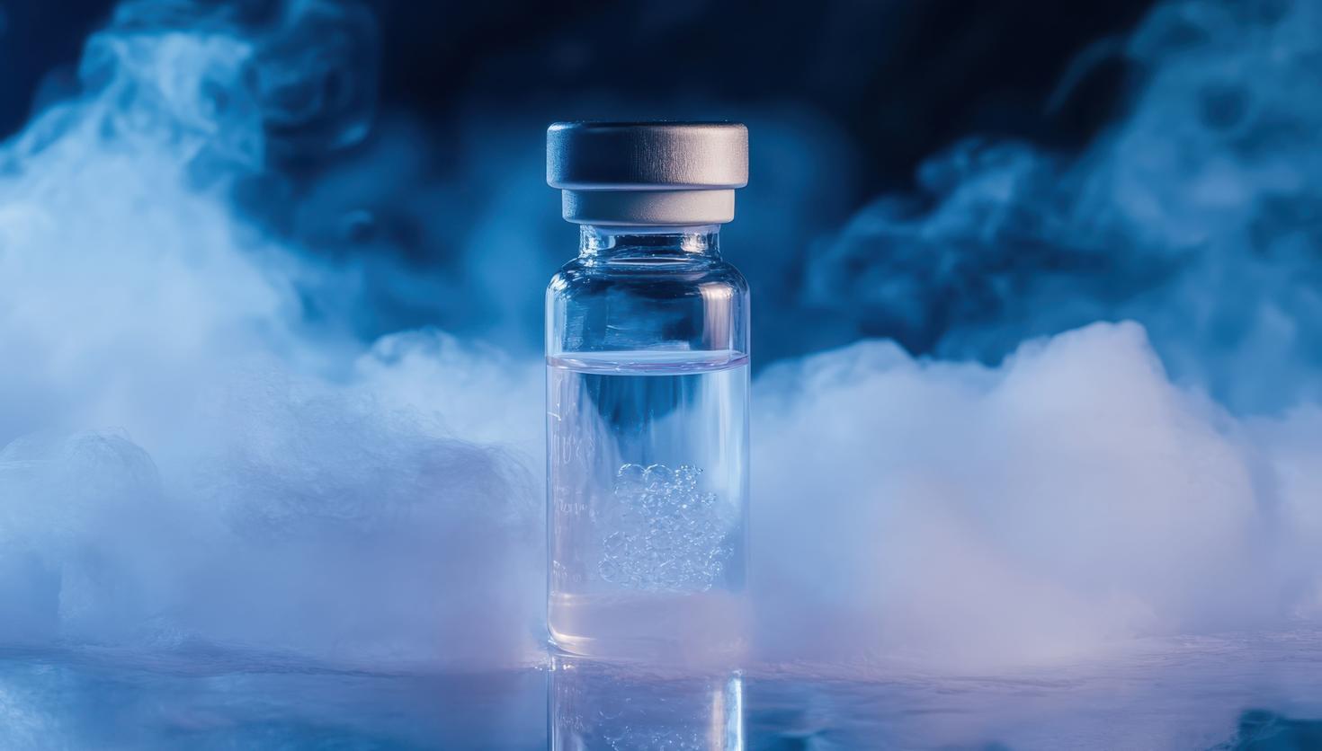 Flacon entouré de glace sèche contenant un échantillon de cellules souches pour cryoconservation