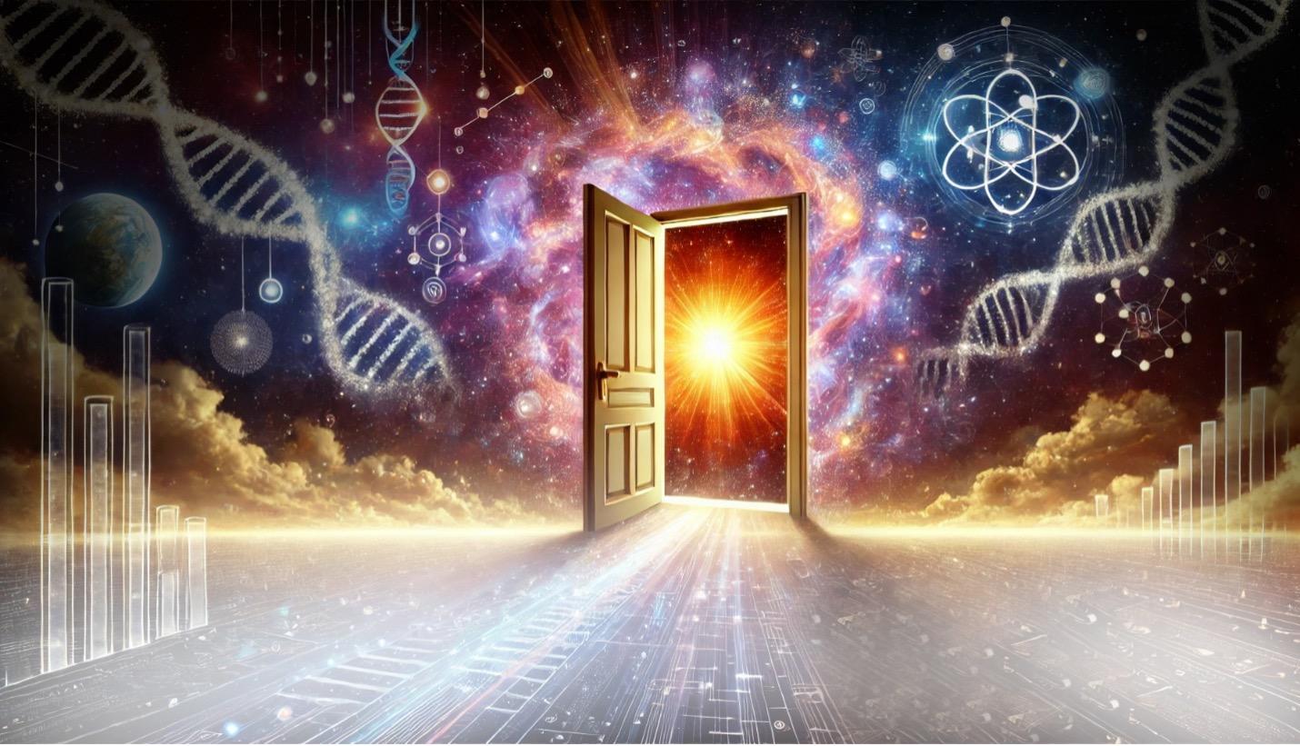 Une illustration générée par intelligence artificielle représentant une porte s’ouvrant sur une galaxie remplie d’icônes scientifiques.